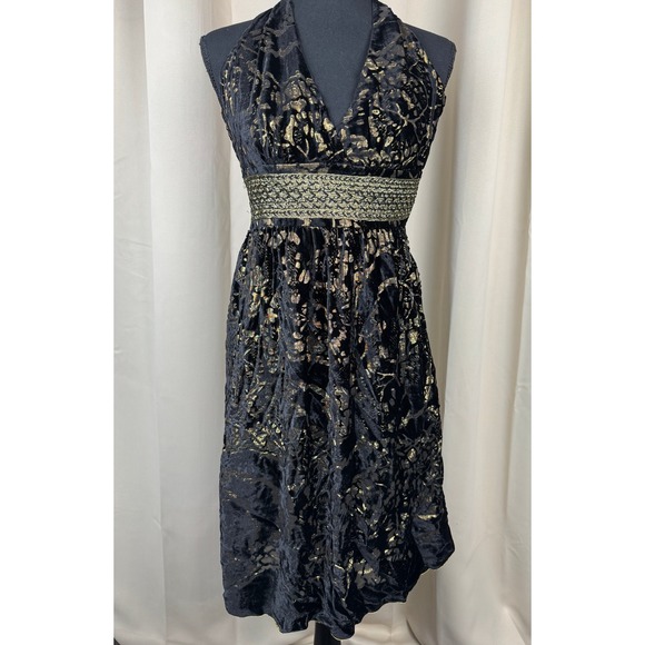 Dresses & Skirts - Vintage Y2K Cynthia Steffe Black Gold Burnout Velvet Silk Halter‎ Whimsigoth 2